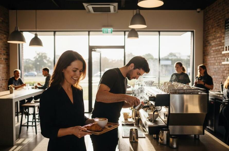 An epic moment captured in Wantirna South showing a dynamic wide-angle shot of a modern café interior bustling with activity, a barista expertly crafting a coffee with steam rising, customers engaged in conversation, bathed in warm, inviting natural light filtering through large windows, showcasing the vibrant atmosphere and meticulous detail of the establishment, emphasising professional commercial photography services Wantirna South businesses.