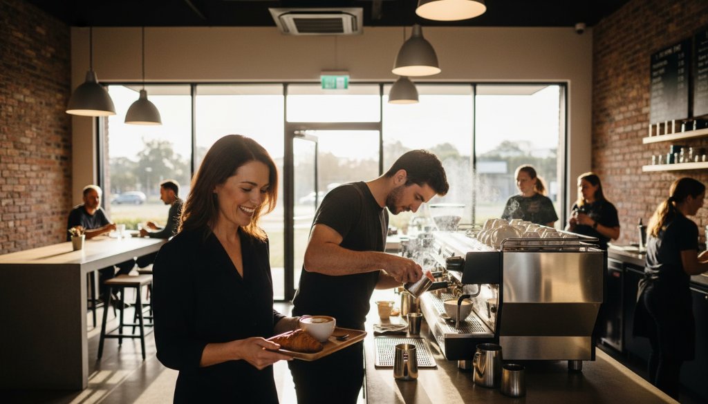 An epic moment captured in Wantirna South showing a dynamic wide-angle shot of a modern café interior bustling with activity, a barista expertly crafting a coffee with steam rising, customers engaged in conversation, bathed in warm, inviting natural light filtering through large windows, showcasing the vibrant atmosphere and meticulous detail of the establishment, emphasising professional commercial photography services Wantirna South businesses.