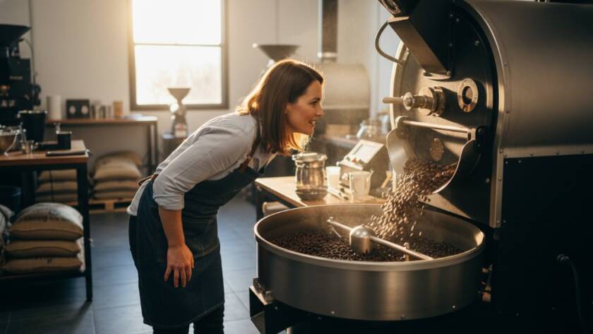 A dynamic, wide-angle shot of a local artisanal bakery owner in Vermont, Victoria, proudly presenting a beautifully crafted sourdough loaf, bathed in warm, golden morning light streaming through a large window, symbolizing successful professional commercial photography for Vermont businesses.