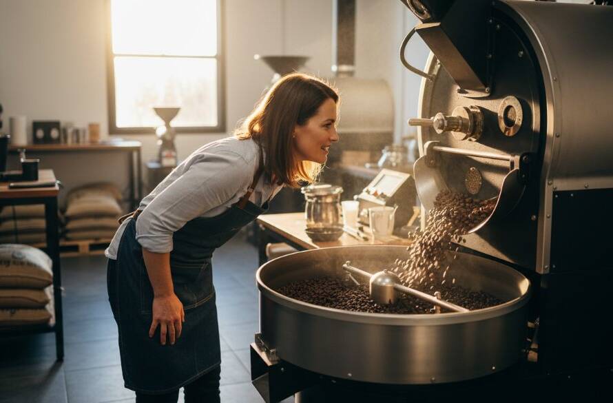 A dynamic, wide-angle shot of a local artisanal bakery owner in Vermont, Victoria, proudly presenting a beautifully crafted sourdough loaf, bathed in warm, golden morning light streaming through a large window, symbolizing successful professional commercial photography for Vermont businesses.