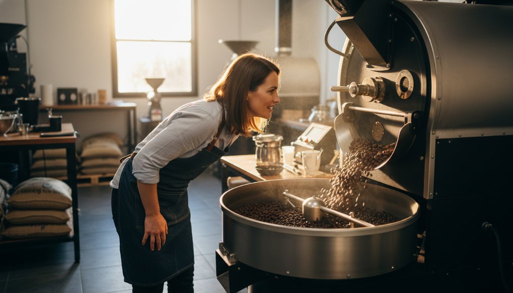 A dynamic, wide-angle shot of a local artisanal bakery owner in Vermont, Victoria, proudly presenting a beautifully crafted sourdough loaf, bathed in warm, golden morning light streaming through a large window, symbolizing successful professional commercial photography for Vermont businesses.