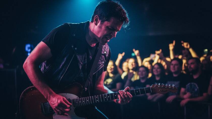 Dynamic shot of a lead guitarist in mid-solo, bathed in dramatic red and blue stage lights, capturing professional concert photography Bayswater live music energy at a bustling local venue.