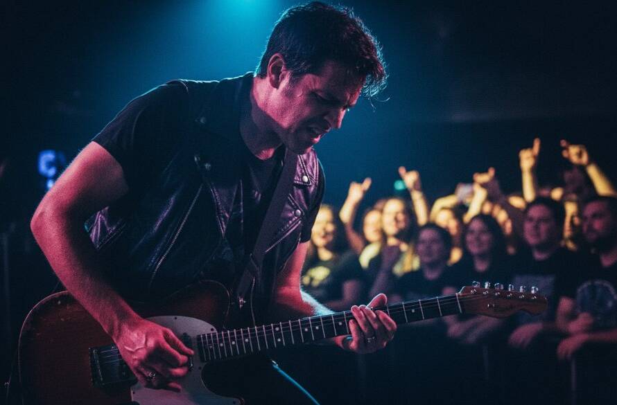 Dynamic shot of a lead guitarist in mid-solo, bathed in dramatic red and blue stage lights, capturing professional concert photography Bayswater live music energy at a bustling local venue.
