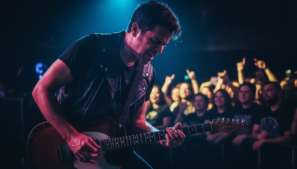 Dynamic shot of a lead guitarist in mid-solo, bathed in dramatic red and blue stage lights, capturing professional concert photography Bayswater live music energy at a bustling local venue.
