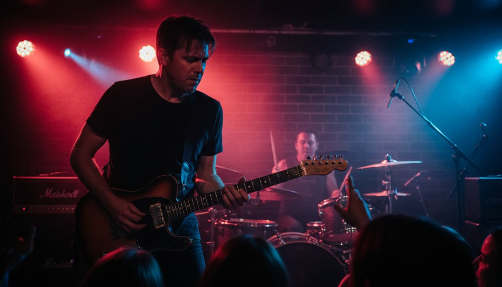 A dynamic, wide-angle shot of a lead guitarist mid-shred, bathed in dramatic red and blue stage lights at a Doncaster venue, perfectly showcasing professional concert photography Doncaster Victoria with energy and passion.