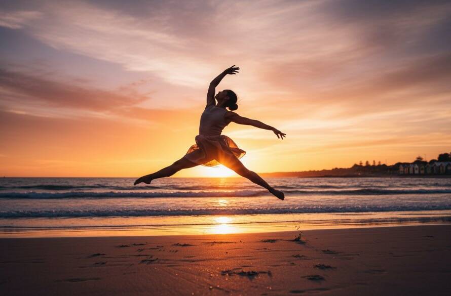 An exquisite professional contemporary dance photography Mentone beach sunset shot, featuring a dancer mid-leap against a golden Mentone beach backdrop, dramatically lit by the setting sun, capturing an epic moment of grace and power.