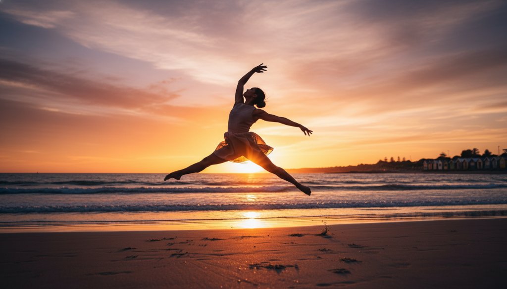 An exquisite professional contemporary dance photography Mentone beach sunset shot, featuring a dancer mid-leap against a golden Mentone beach backdrop, dramatically lit by the setting sun, capturing an epic moment of grace and power.