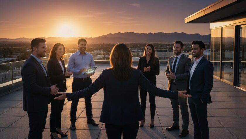 Dynamic wide shot capturing a diverse team of professionals in Ararat, Victoria, collaborating enthusiastically in a modern office space, bathed in golden hour light, reflecting the essence of professional corporate branding photography Ararat Victoria.