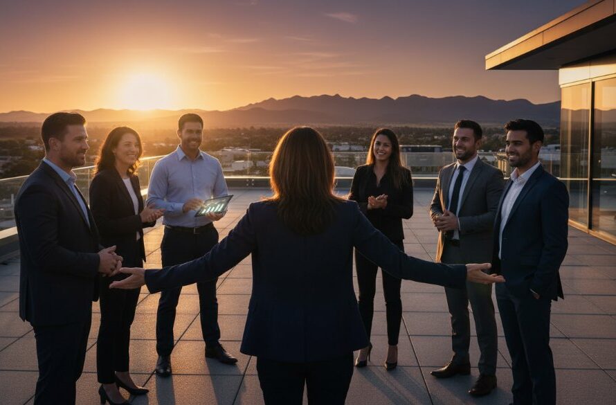 Dynamic wide shot capturing a diverse team of professionals in Ararat, Victoria, collaborating enthusiastically in a modern office space, bathed in golden hour light, reflecting the essence of professional corporate branding photography Ararat Victoria.
