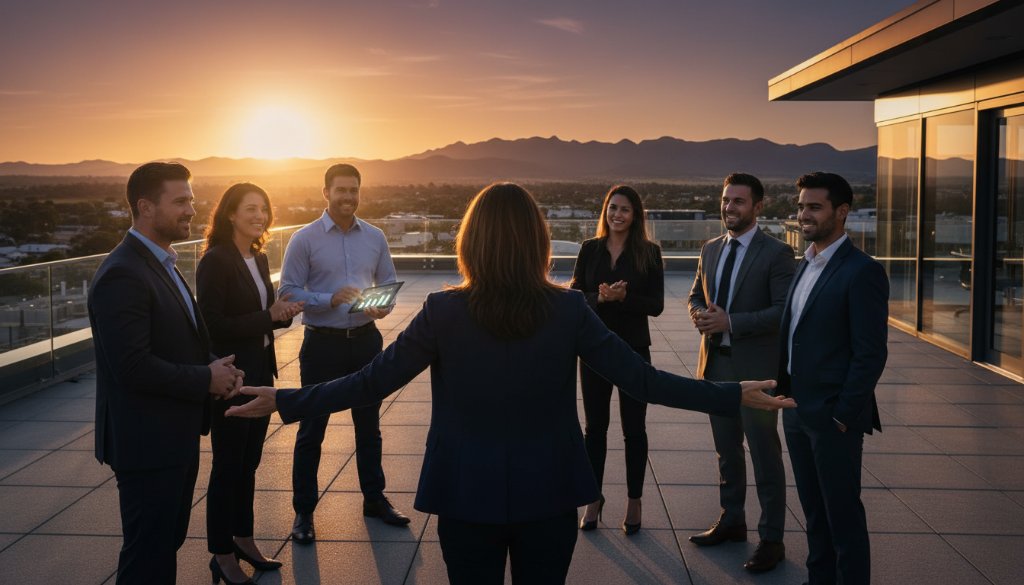 Dynamic wide shot capturing a diverse team of professionals in Ararat, Victoria, collaborating enthusiastically in a modern office space, bathed in golden hour light, reflecting the essence of professional corporate branding photography Ararat Victoria.