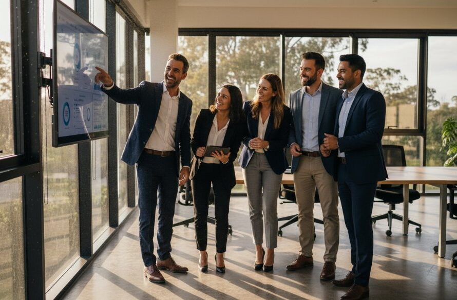 Dynamic, high-impact image depicting a diverse team of professionals collaborating in a modern Waurn Ponds office, bathed in dramatic natural light, capturing the essence of professional corporate branding photography Waurn Ponds Victoria with a cinematic feel.