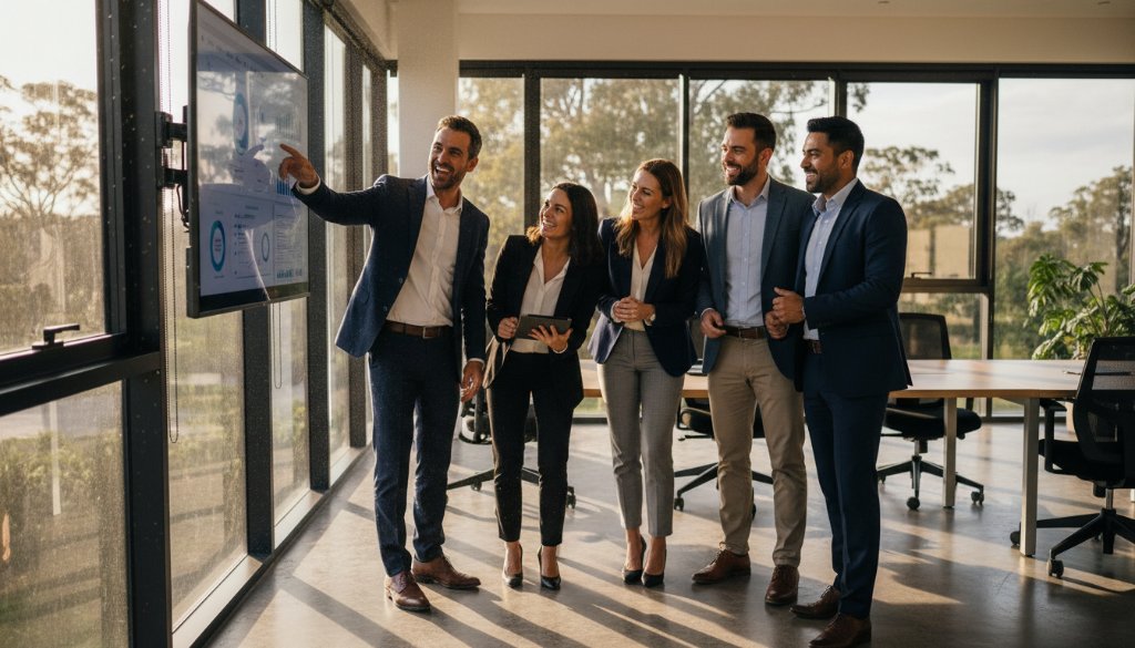 Dynamic, high-impact image depicting a diverse team of professionals collaborating in a modern Waurn Ponds office, bathed in dramatic natural light, capturing the essence of professional corporate branding photography Waurn Ponds Victoria with a cinematic feel.