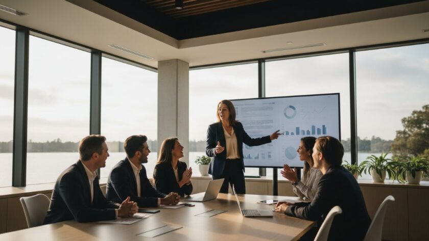 An inspiring wide shot capturing a dynamic team collaborating on a modern project within a bright, contemporary office space in Wendouree, showcasing the essence of professional corporate branding photography Wendouree, with natural light streaming through large windows and a sense of shared innovation.