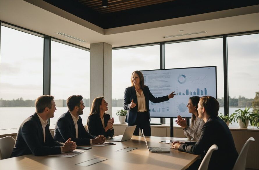 An inspiring wide shot capturing a dynamic team collaborating on a modern project within a bright, contemporary office space in Wendouree, showcasing the essence of professional corporate branding photography Wendouree, with natural light streaming through large windows and a sense of shared innovation.