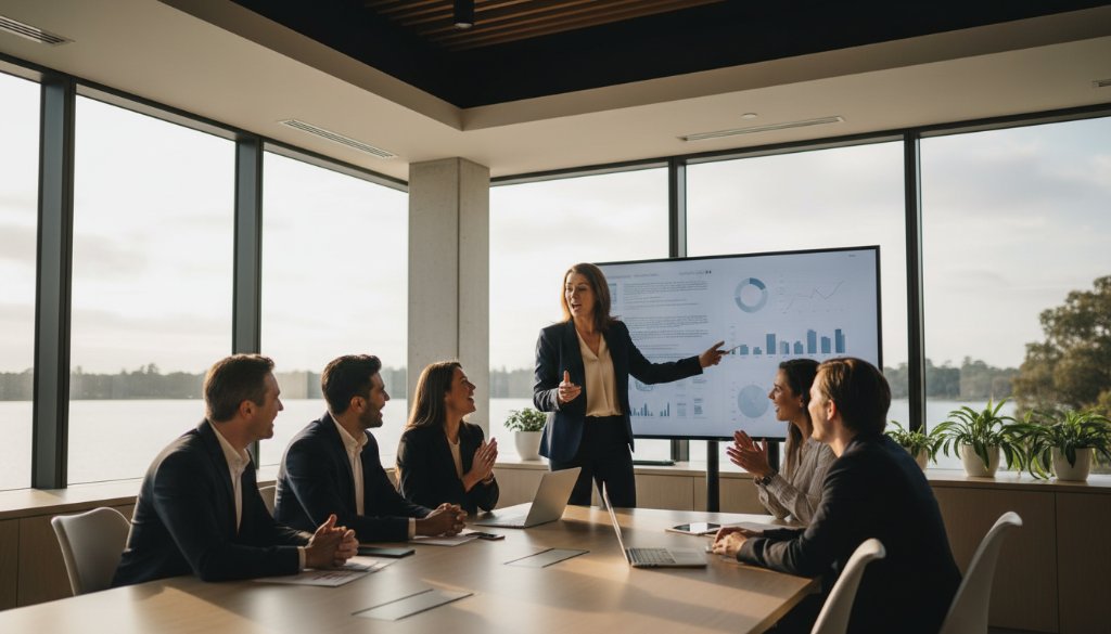 An inspiring wide shot capturing a dynamic team collaborating on a modern project within a bright, contemporary office space in Wendouree, showcasing the essence of professional corporate branding photography Wendouree, with natural light streaming through large windows and a sense of shared innovation.