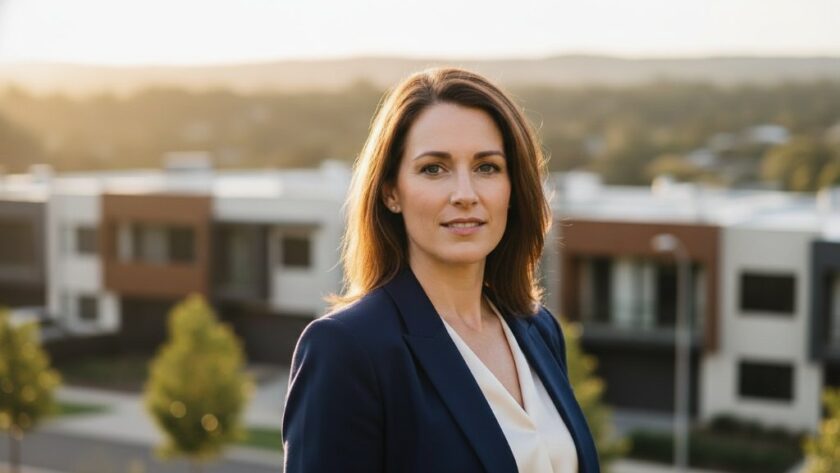 A professional woman in her late 30s, dressed in a business suit, looking confidently into the distance from an elevated spot in Alfredton, Victoria. The scene is illuminated by dramatic golden hour light, highlighting her poised expression, capturing the essence of professional corporate headshots Alfredton Victoria.