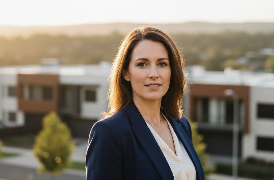 A professional woman in her late 30s, dressed in a business suit, looking confidently into the distance from an elevated spot in Alfredton, Victoria. The scene is illuminated by dramatic golden hour light, highlighting her poised expression, capturing the essence of professional corporate headshots Alfredton Victoria.