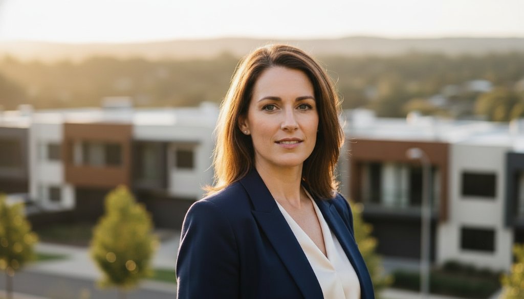A professional woman in her late 30s, dressed in a business suit, looking confidently into the distance from an elevated spot in Alfredton, Victoria. The scene is illuminated by dramatic golden hour light, highlighting her poised expression, capturing the essence of professional corporate headshots Alfredton Victoria.
