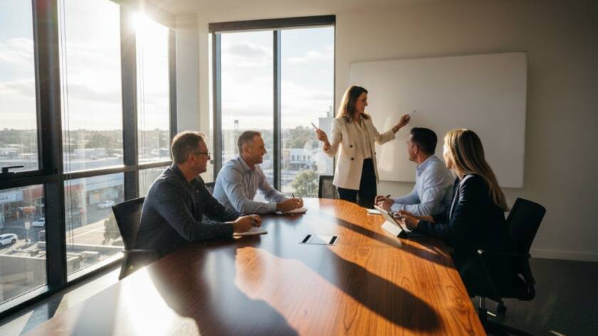 Dynamic wide shot of a diverse team collaborating in a modern, light-filled office space in Bentleigh, capturing professional corporate headshots Bentleigh Victoria for local businesses with a focus on connection and innovation, dramatic lighting highlighting their engaged expressions.