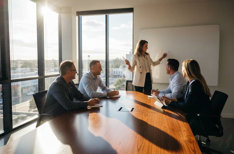 Dynamic wide shot of a diverse team collaborating in a modern, light-filled office space in Bentleigh, capturing professional corporate headshots Bentleigh Victoria for local businesses with a focus on connection and innovation, dramatic lighting highlighting their engaged expressions.