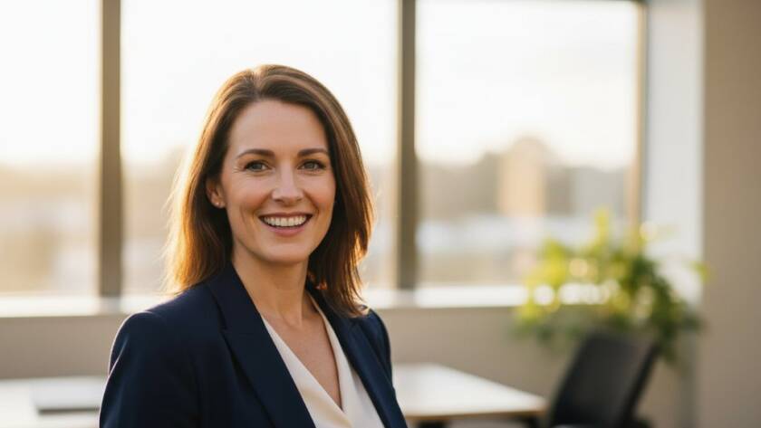 Dynamic professional corporate headshots Blackburn Victoria, showcasing a confident business leader smiling genuinely in a modern office environment, dramatic natural light from large windows, sharp focus on the subject, shallow depth of field, professional colour grading.