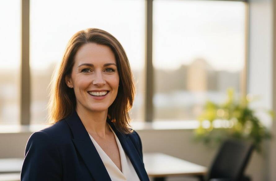 Dynamic professional corporate headshots Blackburn Victoria, showcasing a confident business leader smiling genuinely in a modern office environment, dramatic natural light from large windows, sharp focus on the subject, shallow depth of field, professional colour grading.