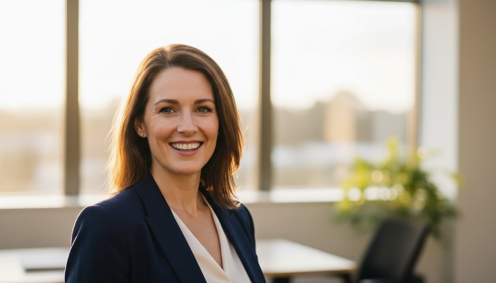 Dynamic professional corporate headshots Blackburn Victoria, showcasing a confident business leader smiling genuinely in a modern office environment, dramatic natural light from large windows, sharp focus on the subject, shallow depth of field, professional colour grading.