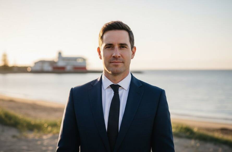 An executive stands confidently on Bonbeach Foreshore with the bay in the background, bathed in golden hour light, showcasing professional corporate headshots Bonbeach Foreshore for a powerful personal brand.