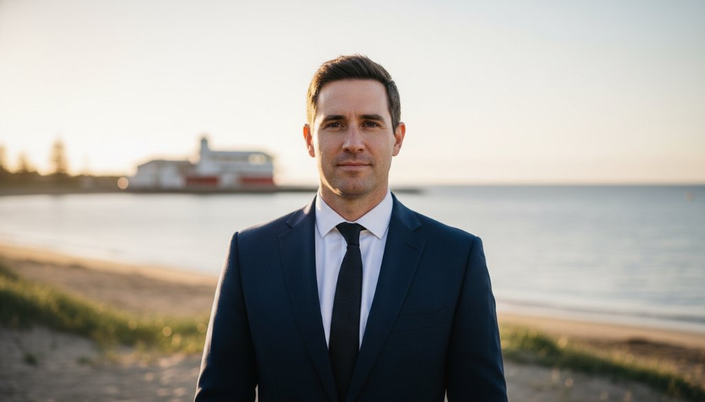 An executive stands confidently on Bonbeach Foreshore with the bay in the background, bathed in golden hour light, showcasing professional corporate headshots Bonbeach Foreshore for a powerful personal brand.