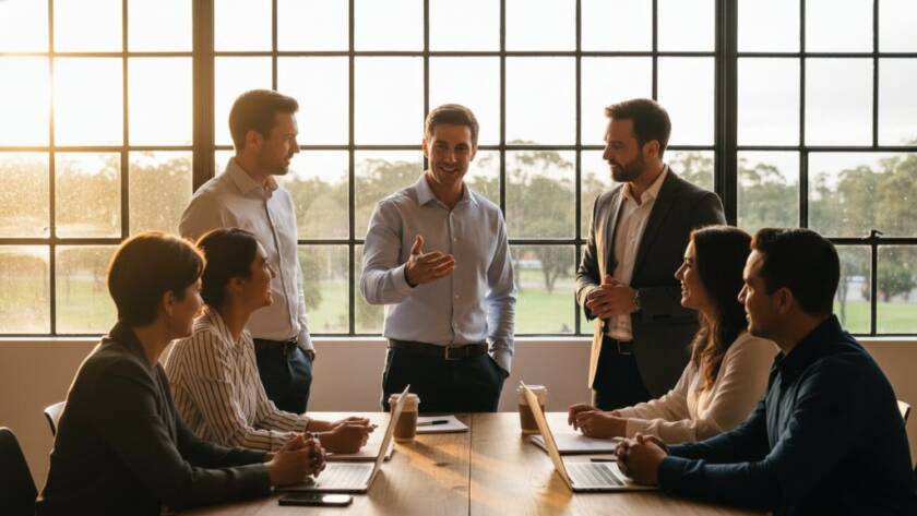 Dynamic, close-up professional corporate headshots Boronia Victoria of a diverse business team smiling confidently, bathed in warm, dramatic studio lighting against a blurred, modern office background, capturing an epic moment of professionalism and camaraderie.