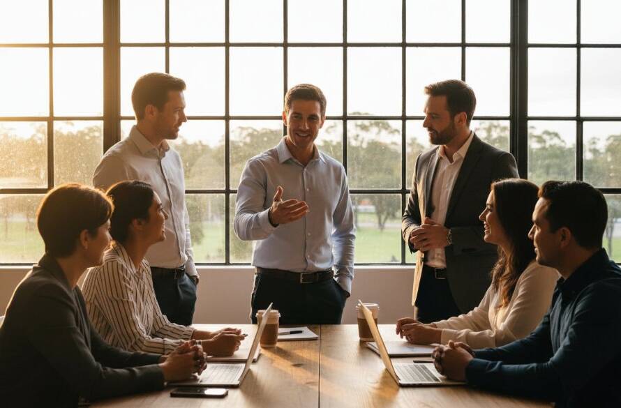 Dynamic, close-up professional corporate headshots Boronia Victoria of a diverse business team smiling confidently, bathed in warm, dramatic studio lighting against a blurred, modern office background, capturing an epic moment of professionalism and camaraderie.