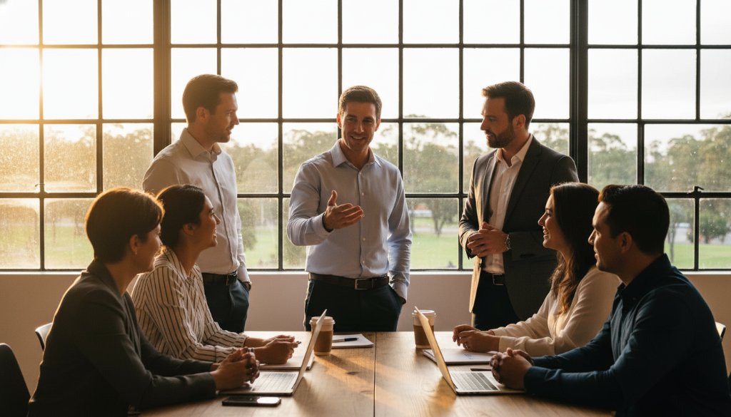 Dynamic, close-up professional corporate headshots Boronia Victoria of a diverse business team smiling confidently, bathed in warm, dramatic studio lighting against a blurred, modern office background, capturing an epic moment of professionalism and camaraderie.