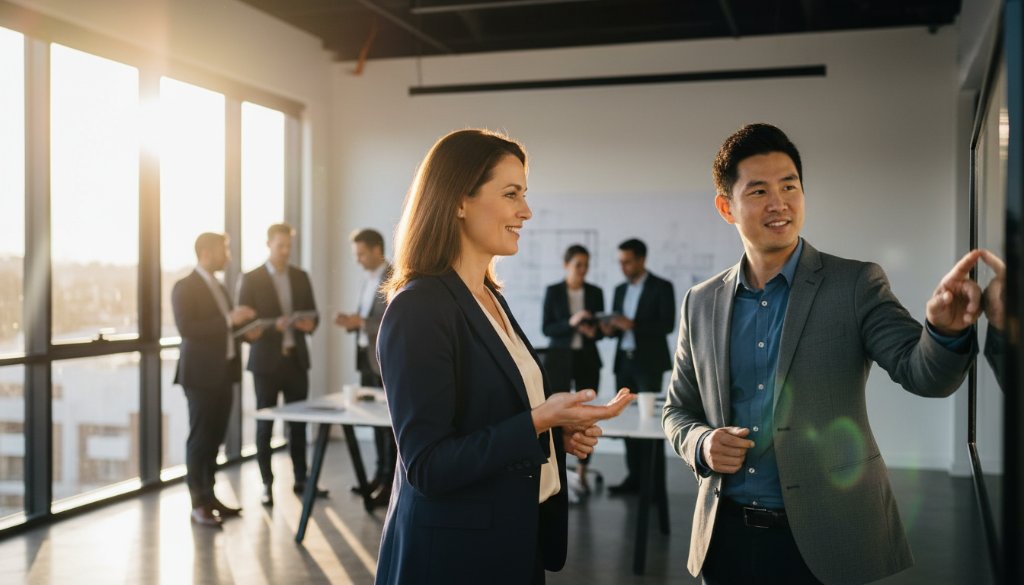 Dramatic, professionally lit portrait of a diverse business team in Box Hill, collaborating passionately in a modern office, showcasing professional corporate headshots Box Hill businesses in an epic, inspiring moment.