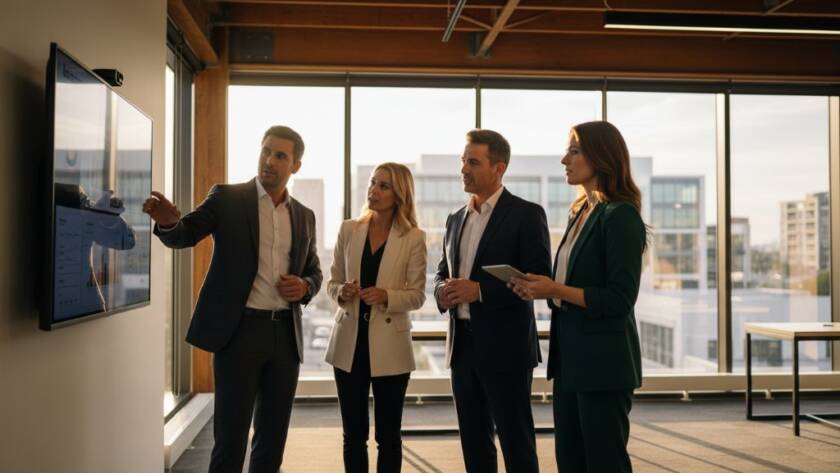 A senior executive receives an award in a modern, sunlit Box Hill North office, showcasing their success with professional corporate headshots Box Hill North for impactful brands, captured dramatically with a shallow depth of field and warm, inviting tones.
