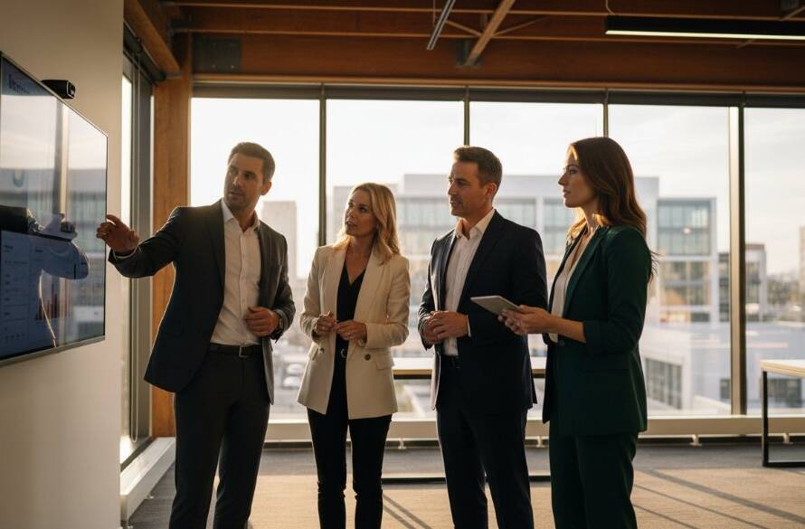 A senior executive receives an award in a modern, sunlit Box Hill North office, showcasing their success with professional corporate headshots Box Hill North for impactful brands, captured dramatically with a shallow depth of field and warm, inviting tones.