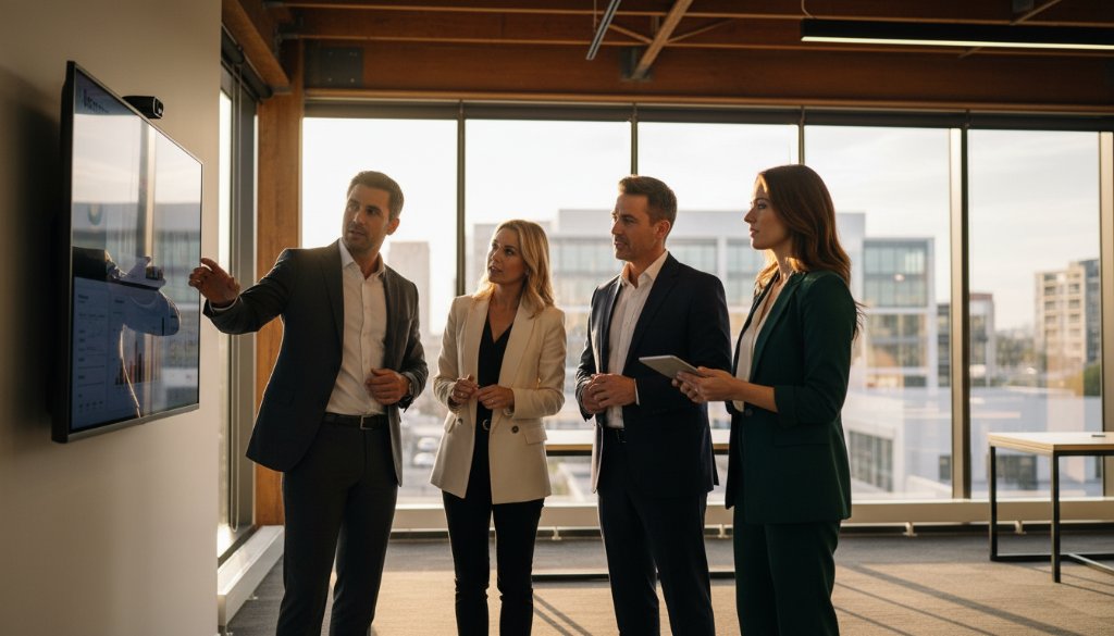 A senior executive receives an award in a modern, sunlit Box Hill North office, showcasing their success with professional corporate headshots Box Hill North for impactful brands, captured dramatically with a shallow depth of field and warm, inviting tones.
