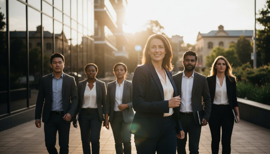 An inspiring, cinematically lit professional corporate headshots Canterbury VIC for executive branding image, featuring a confident business leader walking through a modern, light-filled office space in Canterbury, Victoria, with a determined expression, natural window light highlighting their silhouette against a vibrant, slightly blurred backdrop of a thriving professional environment.