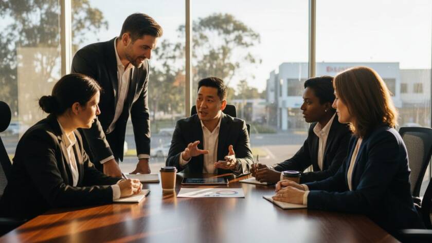 Dynamic, cinematic wide shot capturing a diverse team of professionals in Chelsea Heights, Victoria, collaboratively brainstorming with serious intent and focused expressions around a modern office table, illuminated by dramatic side lighting highlighting their faces, with hints of the natural light and greenery characteristic of the Chelsea Heights business park visible through large windows in the background. The scene exudes professionalism and forward-thinking, making it an epic moment in professional corporate headshots Chelsea Heights Victoria.