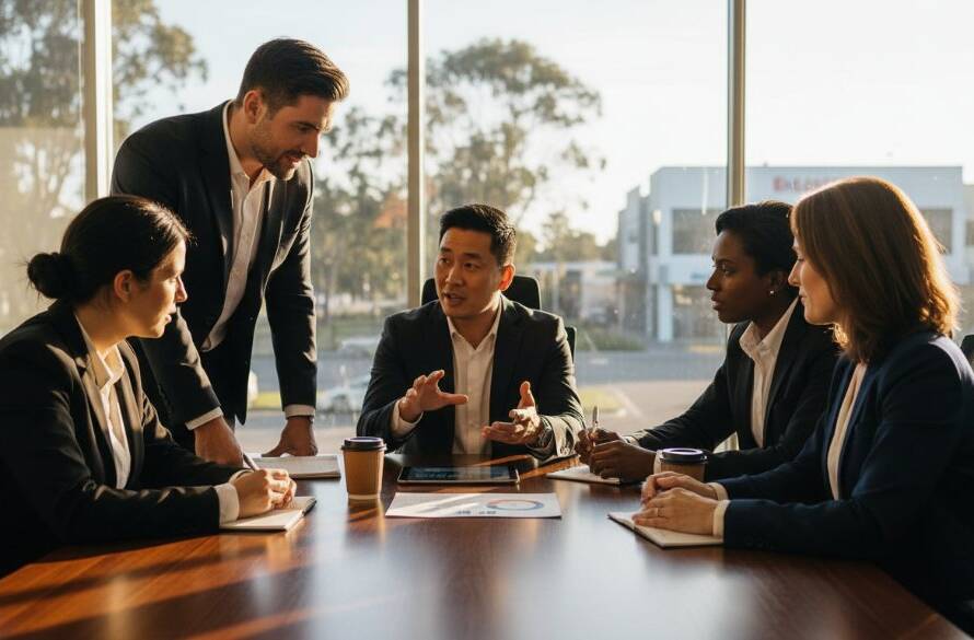 Dynamic, cinematic wide shot capturing a diverse team of professionals in Chelsea Heights, Victoria, collaboratively brainstorming with serious intent and focused expressions around a modern office table, illuminated by dramatic side lighting highlighting their faces, with hints of the natural light and greenery characteristic of the Chelsea Heights business park visible through large windows in the background. The scene exudes professionalism and forward-thinking, making it an epic moment in professional corporate headshots Chelsea Heights Victoria.