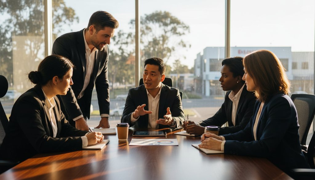 Dynamic, cinematic wide shot capturing a diverse team of professionals in Chelsea Heights, Victoria, collaboratively brainstorming with serious intent and focused expressions around a modern office table, illuminated by dramatic side lighting highlighting their faces, with hints of the natural light and greenery characteristic of the Chelsea Heights business park visible through large windows in the background. The scene exudes professionalism and forward-thinking, making it an epic moment in professional corporate headshots Chelsea Heights Victoria.