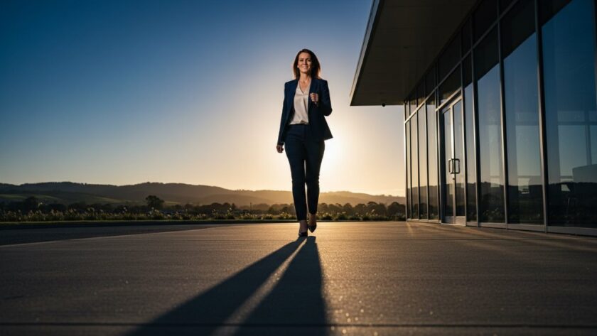 Dynamic portrait of a confident business leader, captured with professional corporate headshots Churchill Victoria businesses expertise, standing against a blurred backdrop of lush green Gippsland hills near Churchill, bathed in golden hour light, portraying a moment of visionary leadership and success.