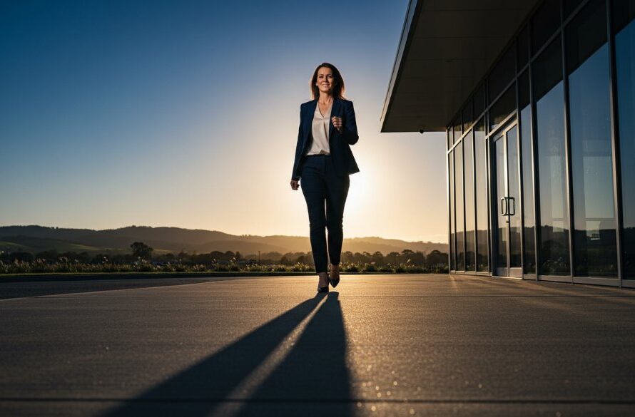 Dynamic portrait of a confident business leader, captured with professional corporate headshots Churchill Victoria businesses expertise, standing against a blurred backdrop of lush green Gippsland hills near Churchill, bathed in golden hour light, portraying a moment of visionary leadership and success.