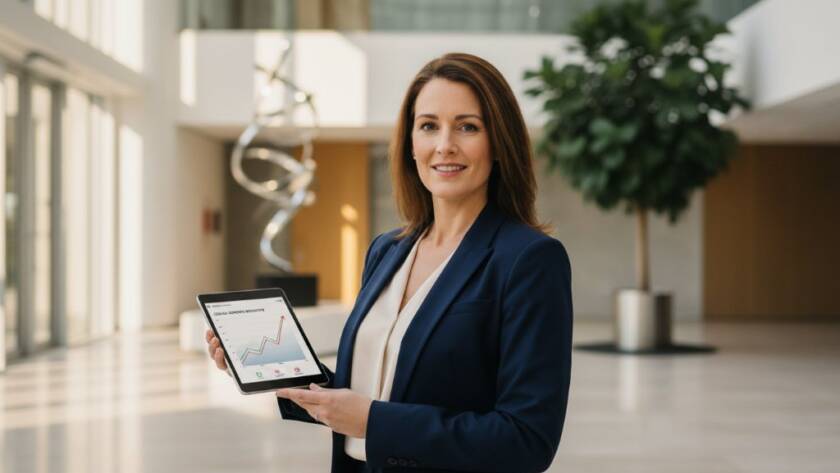 A confident female executive in a modern, light-filled office in Clyde North, smiling genuinely during a professional corporate headshots session, perfectly capturing her executive branding with dramatic, warm lighting and a sharp focus on her professionalism.