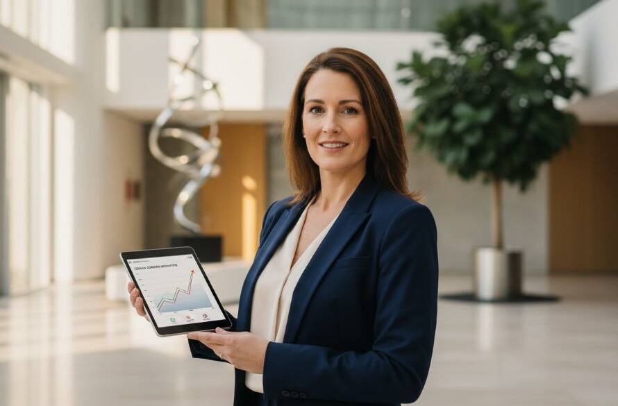 A confident female executive in a modern, light-filled office in Clyde North, smiling genuinely during a professional corporate headshots session, perfectly capturing her executive branding with dramatic, warm lighting and a sharp focus on her professionalism.