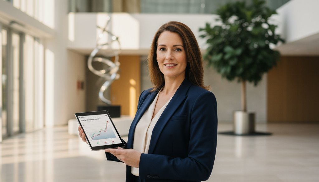 A confident female executive in a modern, light-filled office in Clyde North, smiling genuinely during a professional corporate headshots session, perfectly capturing her executive branding with dramatic, warm lighting and a sharp focus on her professionalism.