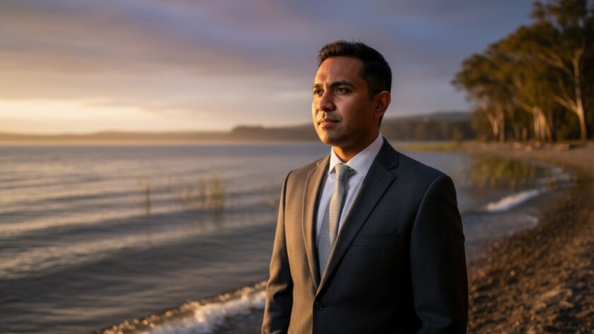 A dynamic, cinematic portrait of a confident business professional in Colac, Victoria, captured with dramatic lighting and a blurred Colac Lake backdrop, showcasing the essence of professional corporate headshots Colac Victoria for local businesses, with the subject smiling confidently.