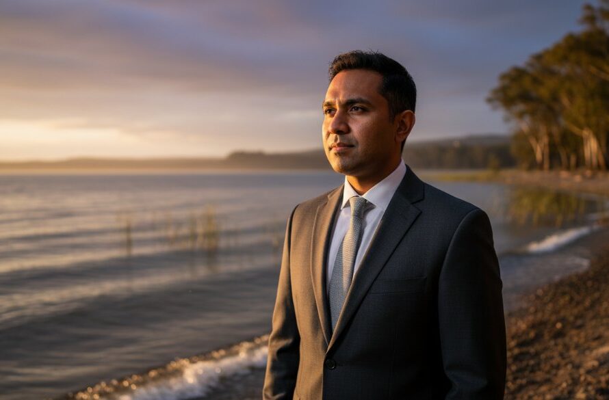 A dynamic, cinematic portrait of a confident business professional in Colac, Victoria, captured with dramatic lighting and a blurred Colac Lake backdrop, showcasing the essence of professional corporate headshots Colac Victoria for local businesses, with the subject smiling confidently.