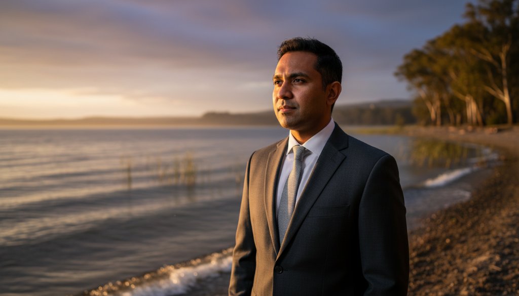 A dynamic, cinematic portrait of a confident business professional in Colac, Victoria, captured with dramatic lighting and a blurred Colac Lake backdrop, showcasing the essence of professional corporate headshots Colac Victoria for local businesses, with the subject smiling confidently.