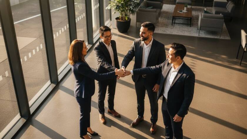 A dynamic, cinematic close-up of a diverse professional group in a modern Cranbourne East office lobby, showcasing authentic team collaboration and individual confidence. The light highlights their expressions, symbolizing strong professional corporate headshots Cranbourne East businesses for a thriving brand identity.