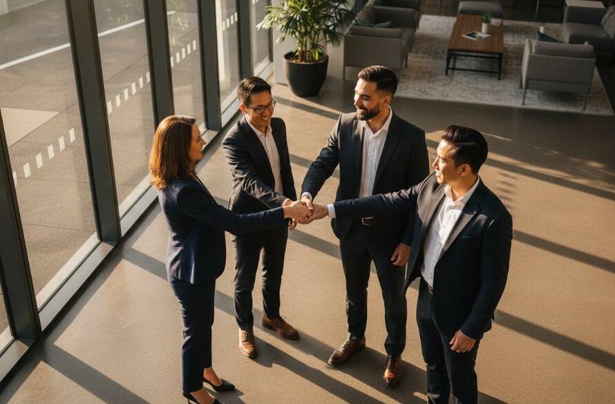 A dynamic, cinematic close-up of a diverse professional group in a modern Cranbourne East office lobby, showcasing authentic team collaboration and individual confidence. The light highlights their expressions, symbolizing strong professional corporate headshots Cranbourne East businesses for a thriving brand identity.